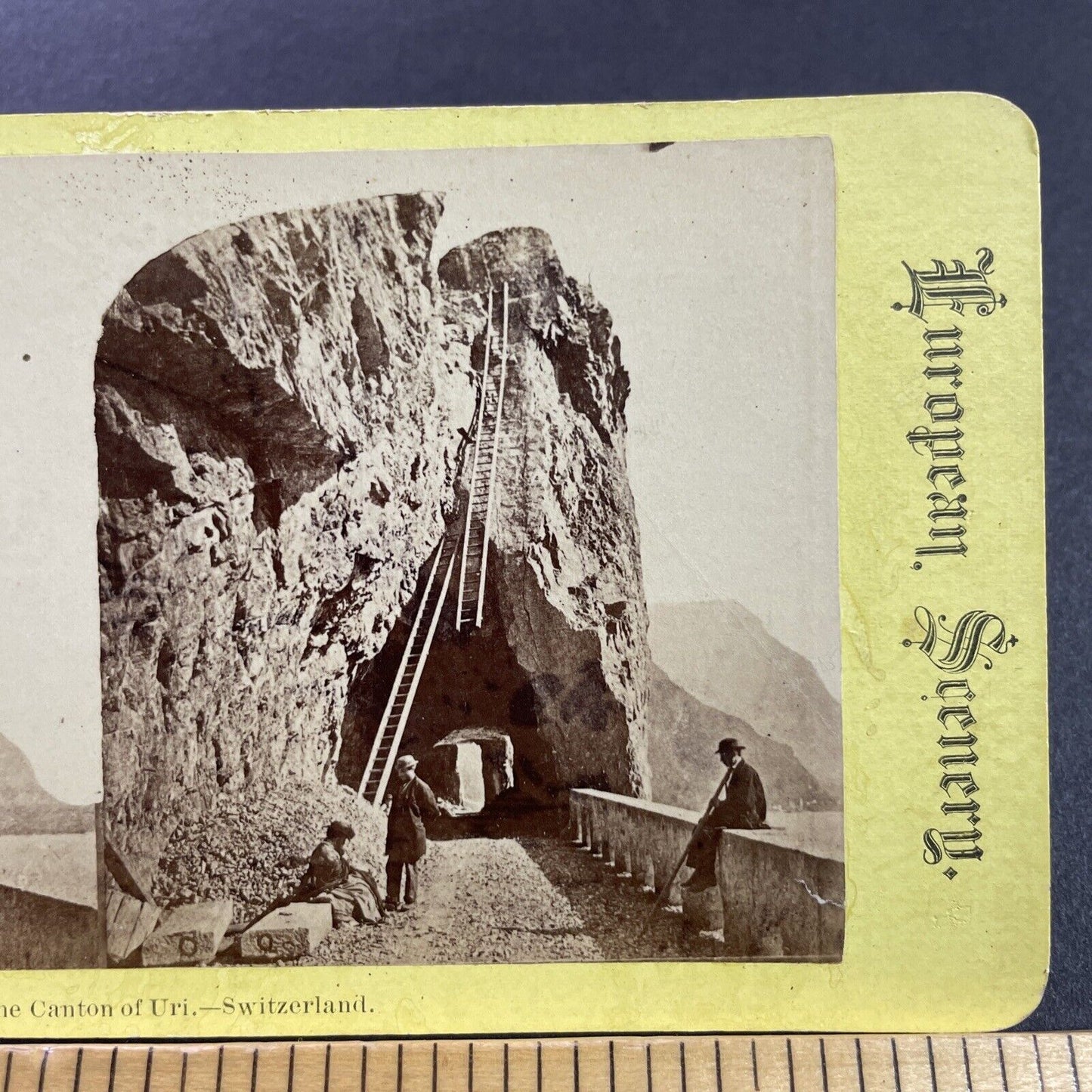 Antique 1870s Men Construct A Ladder Up A Mountain Stereoview Photo Card P4032