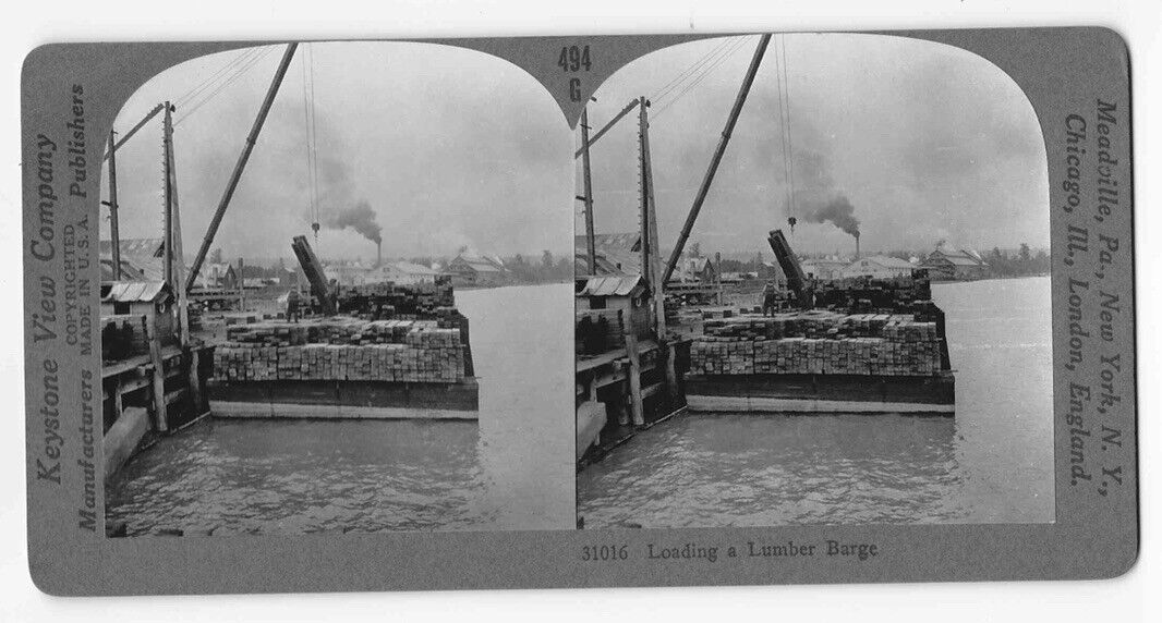 Antique 1898 Log Drivers Loading Lumber Barge New Westminster BC Photo Card P005