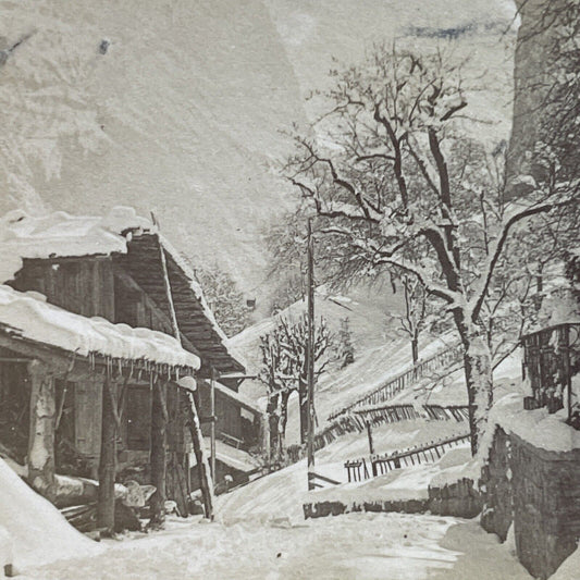 Antique 1901 Snowstorm Lauterbrunnen Switzerland Stereoview Photo Card P3832