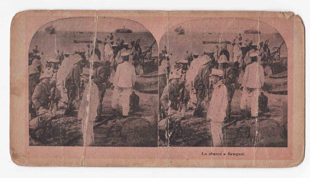 Antique 1911 Italians Invading The Benghazi Shore In Libya Stereo Card P184