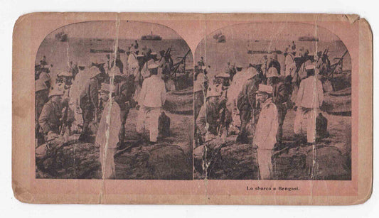 Antique 1911 Italians Invading The Benghazi Shore In Libya Stereo Card P184