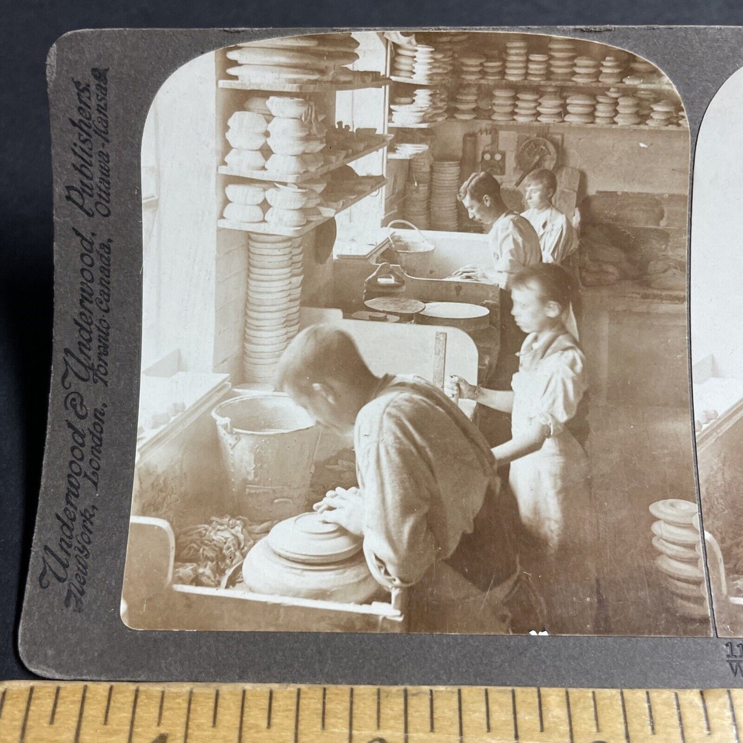 Antique 1906 Children Work In UK Porcelain Factory Stereoview Photo Card P4393