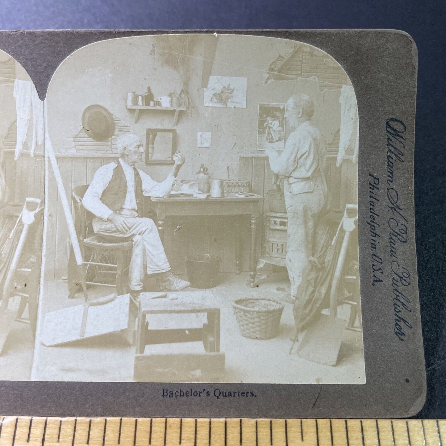 Antique 1890s Old Widowers Argue In Apartment Stereoview Photo Card P3399