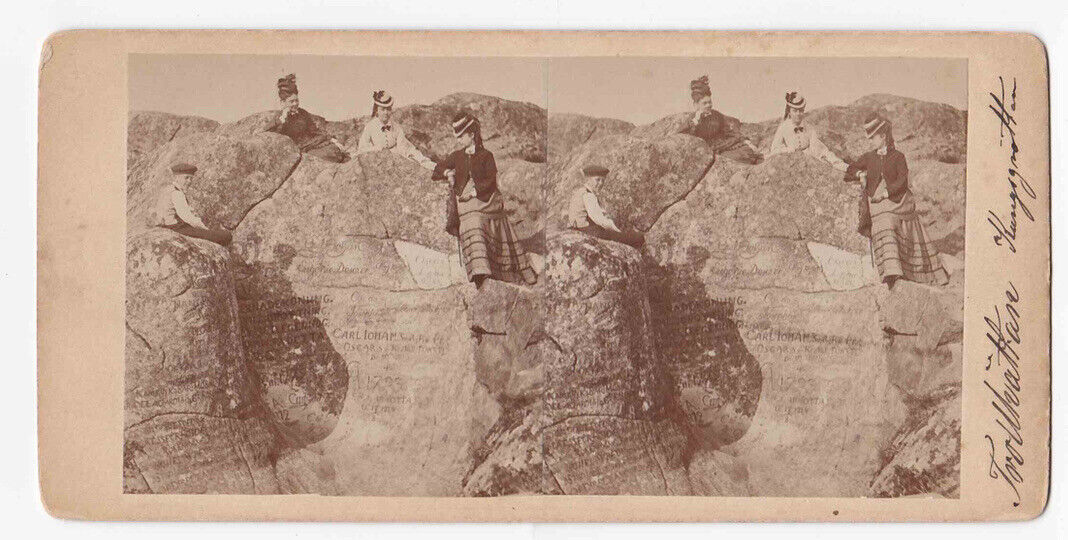 1890's Women On Rocks The King's Grotto Cave Trollhättan Sweden Stereo Card P390