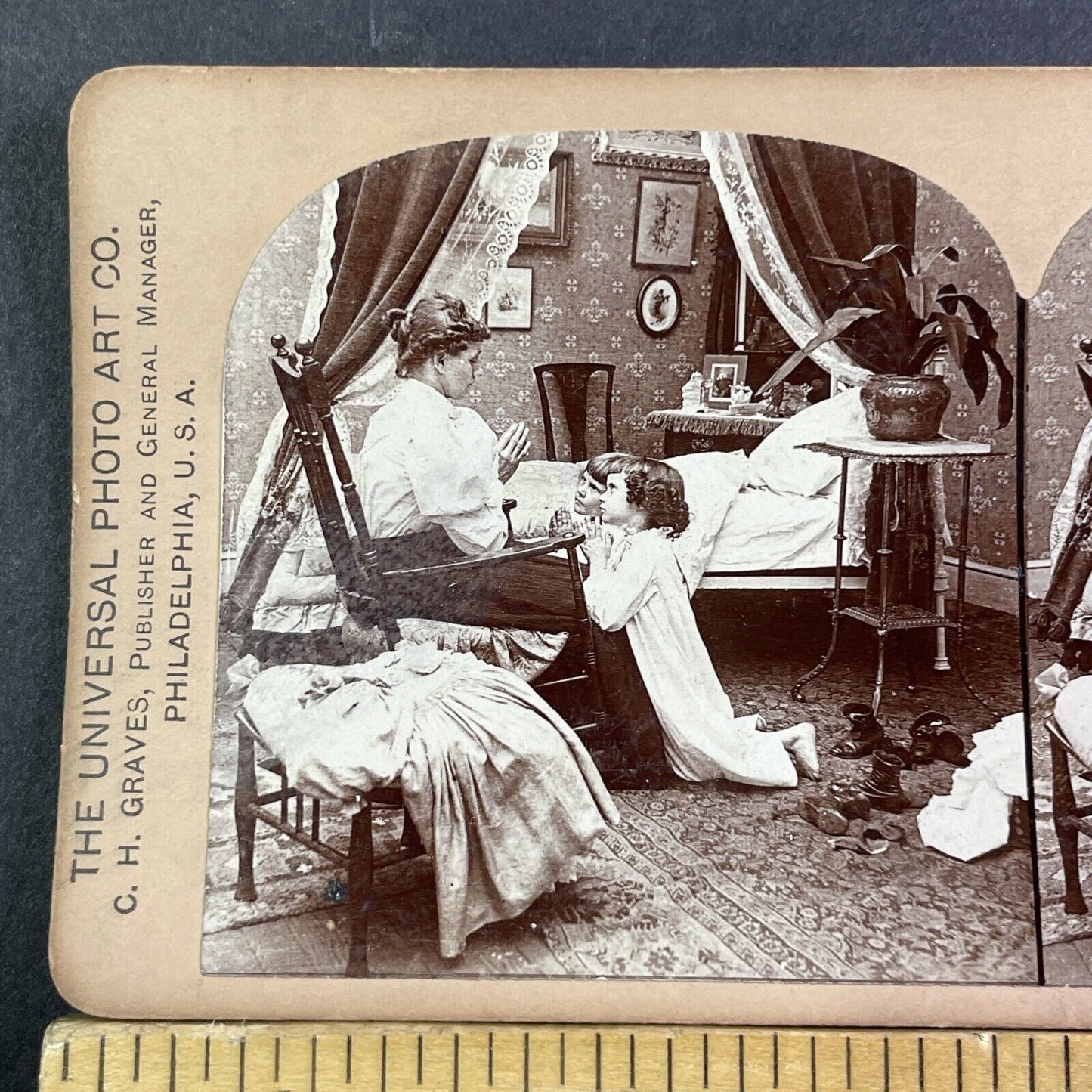 Children Praying With Mother Christian Prayer Stereoview Antique c1897 X3514