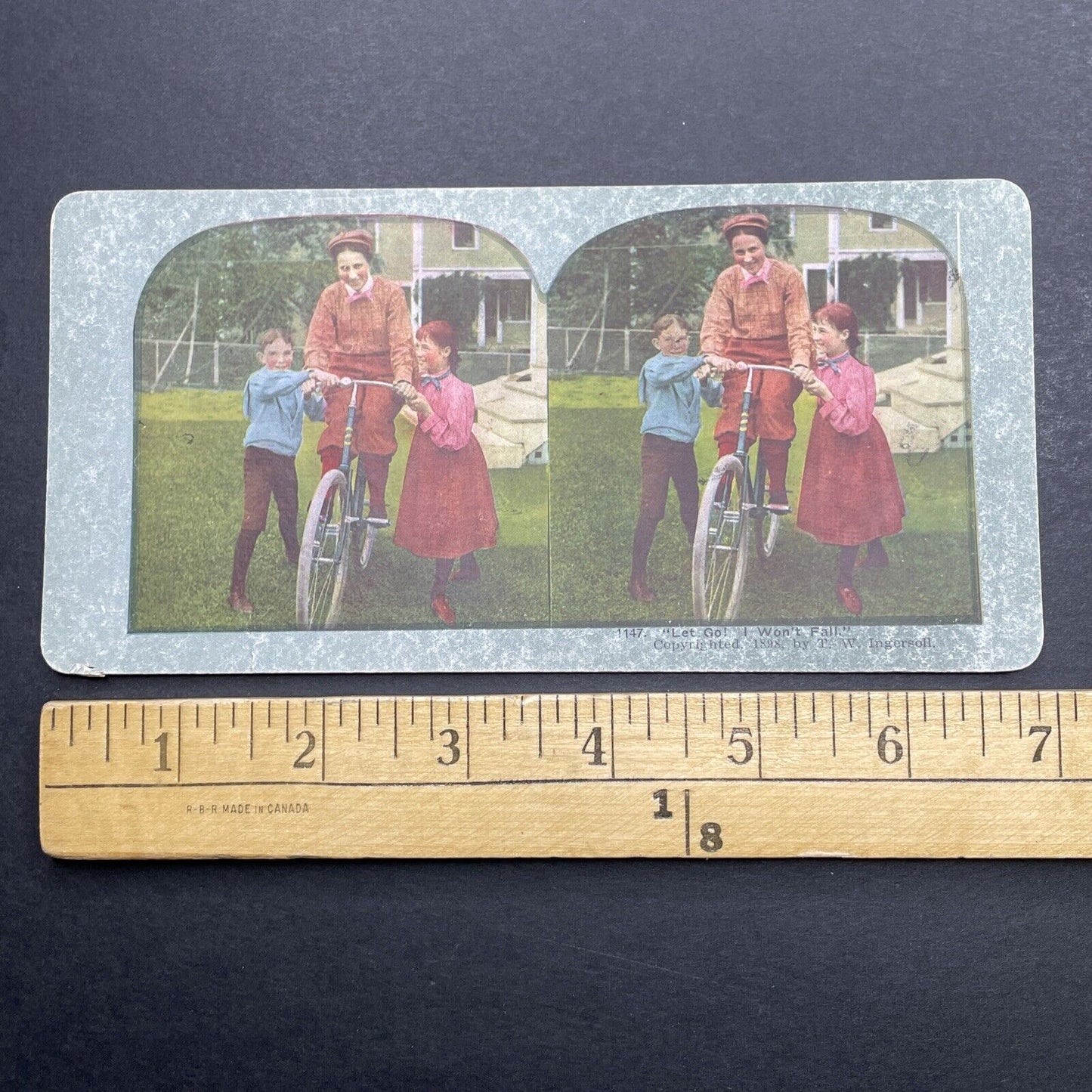 Antique 1898 Woman Learning To Ride A Bicycle Stereoview Photo Card P1253