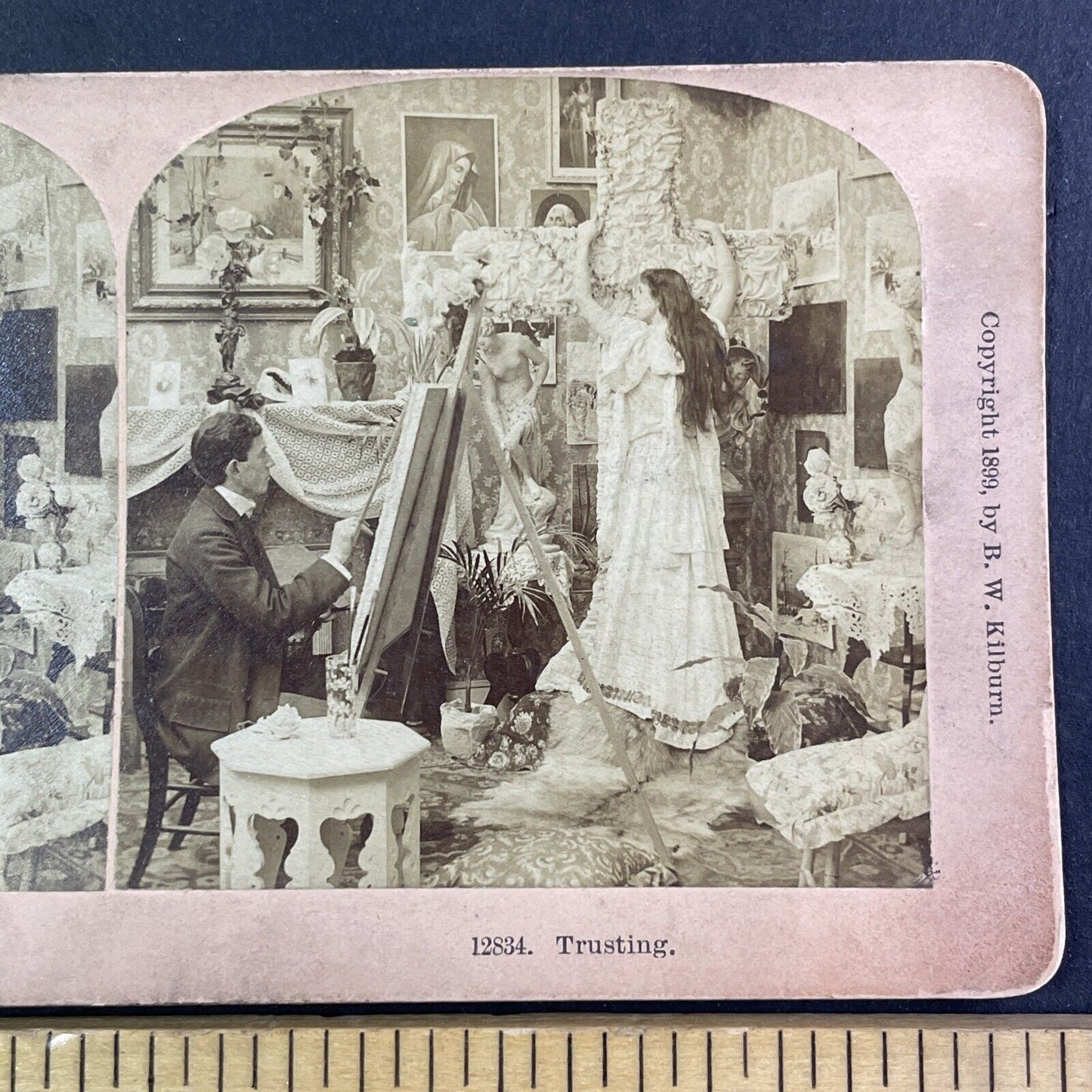 Artist Paints a Woman Hanging From a Cross Stereoview Antique c1899 Y1381