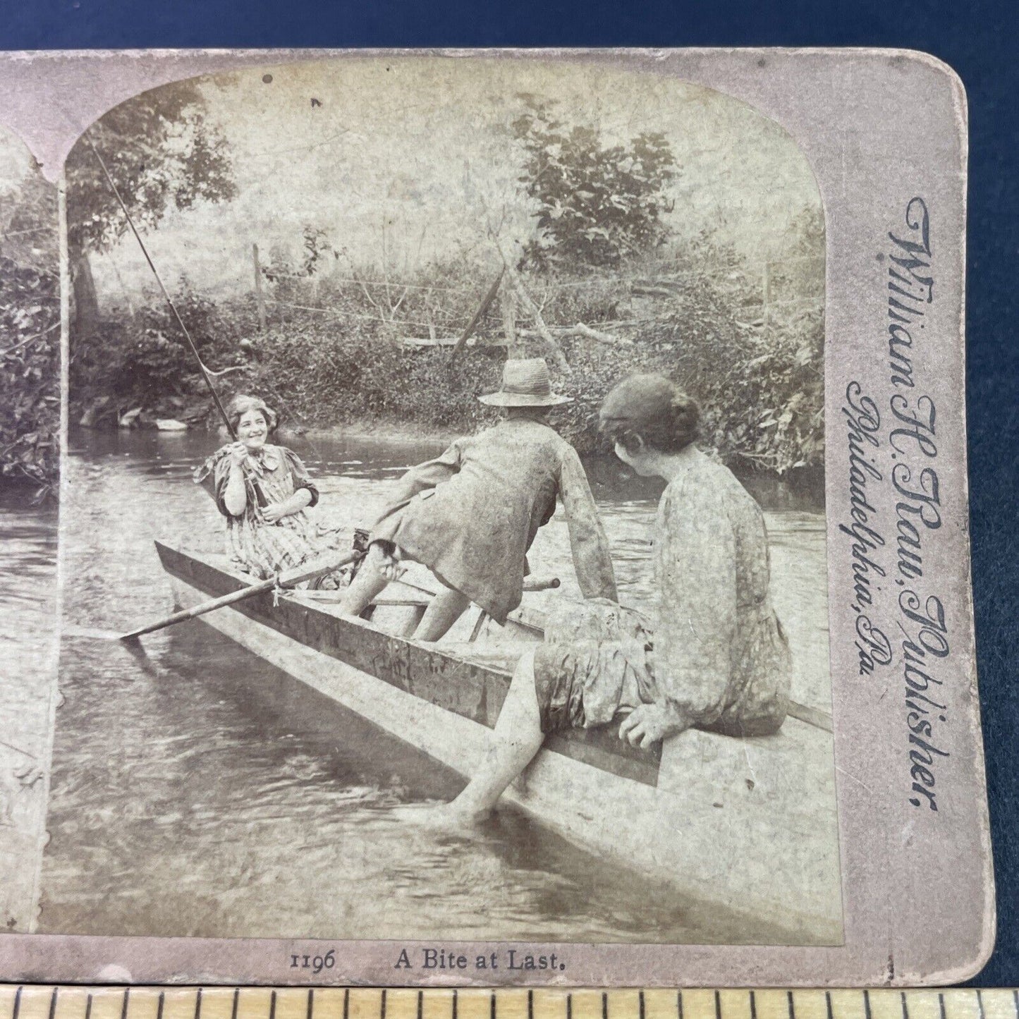 Antique 1900 Man Gets Hooked By A Fishing Hook Stereoview Photo Card P3334