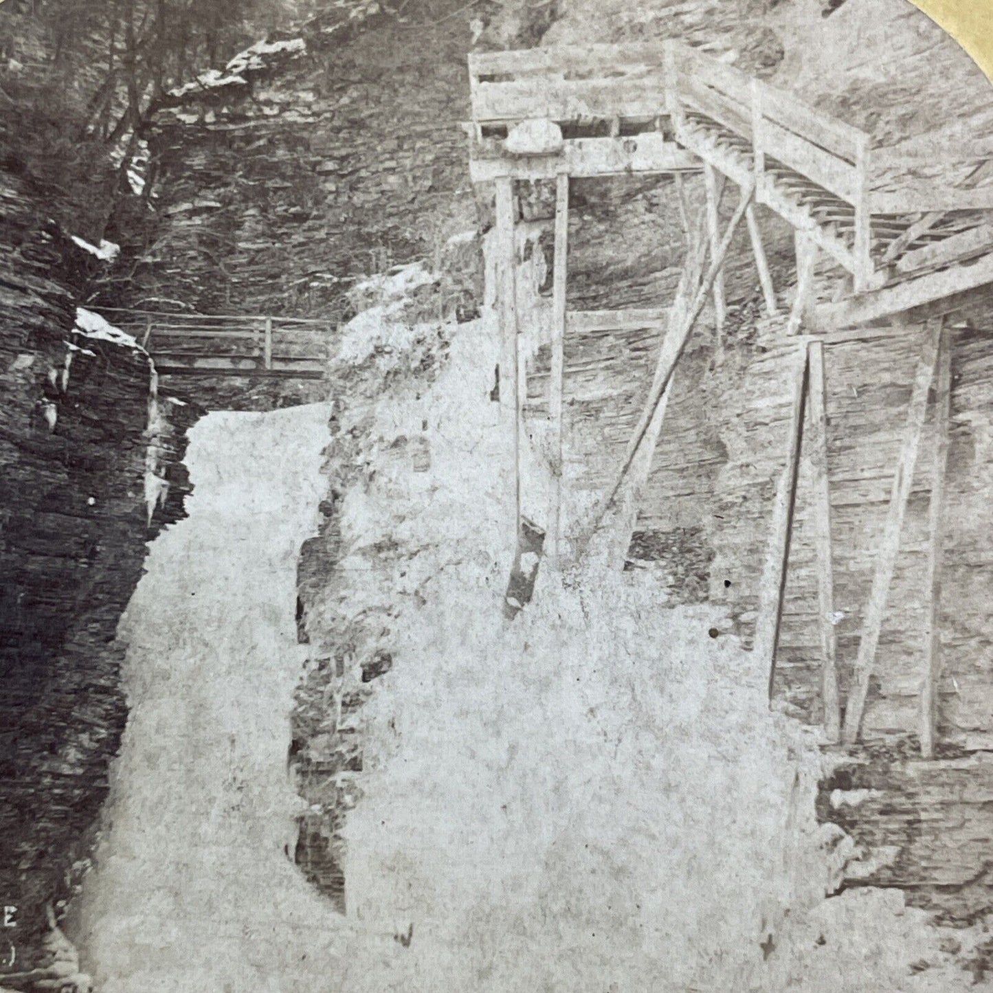 Winter Boardwalk Damage Stereoview Watkins Glen NY Photo Card Antique c1872 X990