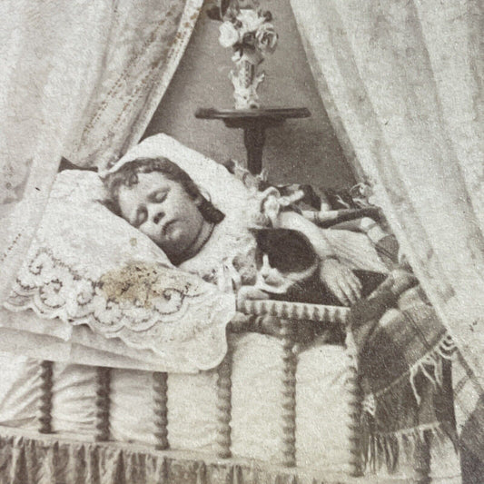 Antique 1889 Child Sleeps In Victorian Crib Bed Stereoview Photo Card P3998