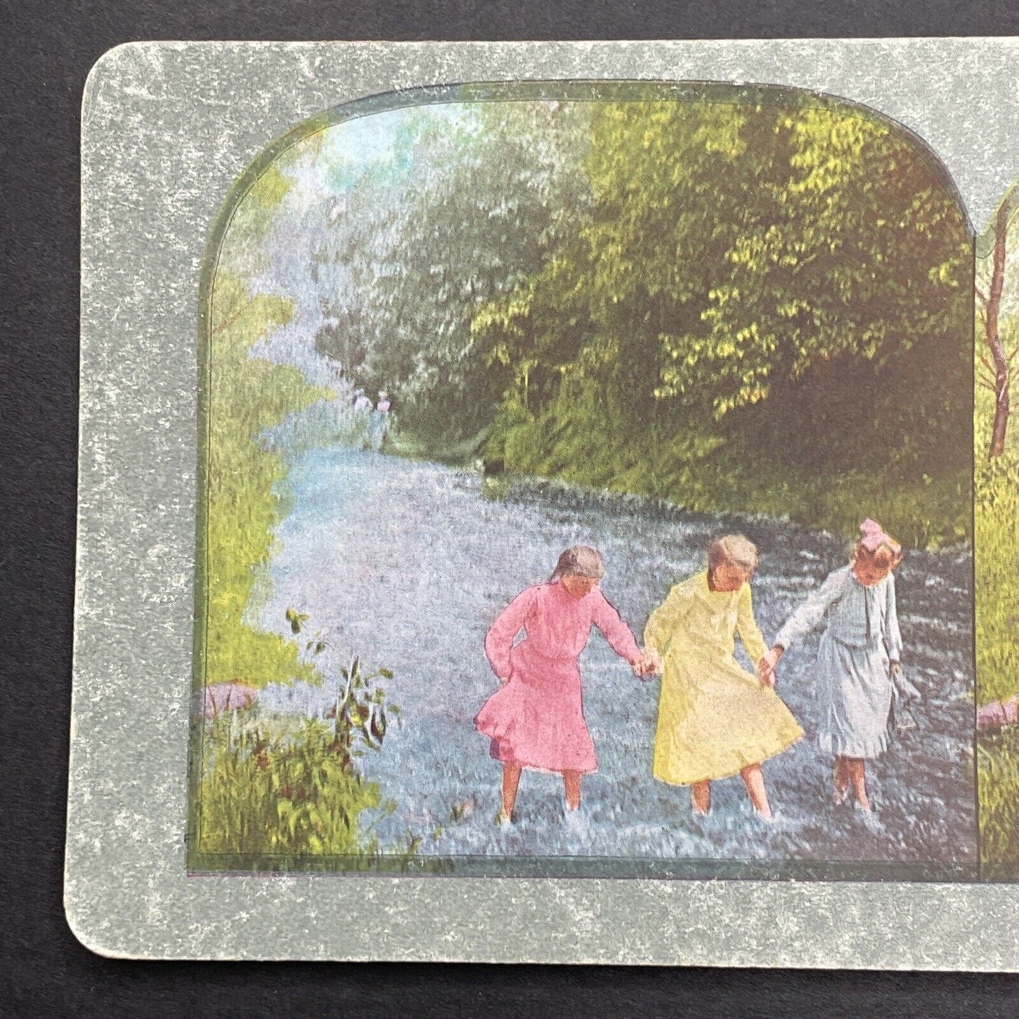 Antique 1905 Three Young Women Crossing River Stereoview Photo Card P580-004