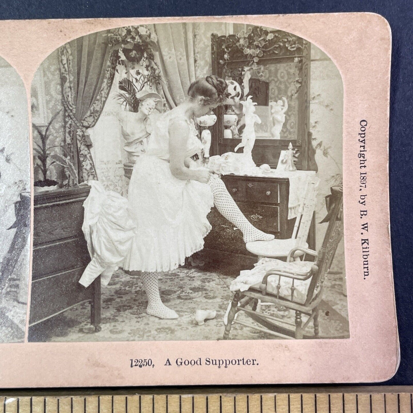 Woman Getting Dressed Pulls Up Stockings Stereoview Antique c1897 Y1799