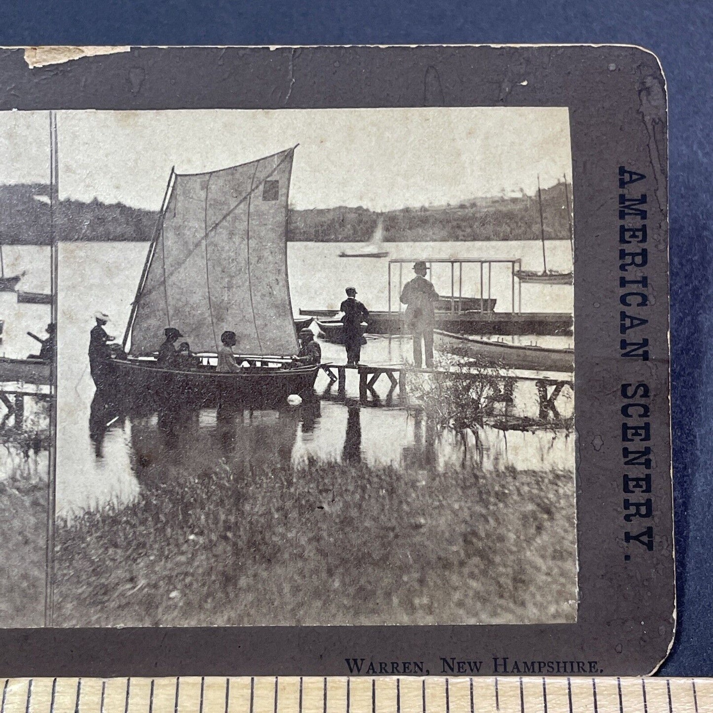 Antique 1870s Warren New Hampshire Sailboat On Lake Stereoview Photo Card V1921