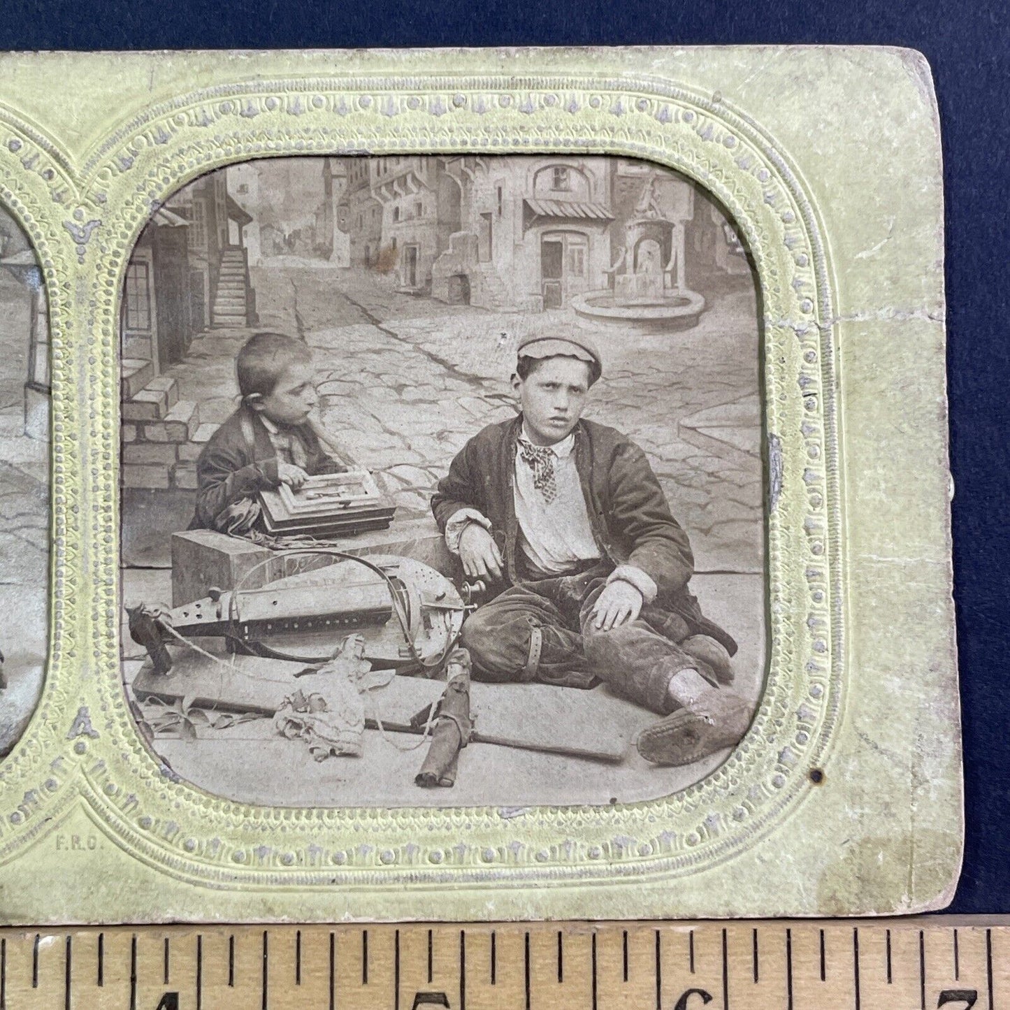 Boys Break A Hand Crank Guitar Stereoview French Tissue Antique c1860s XT2101