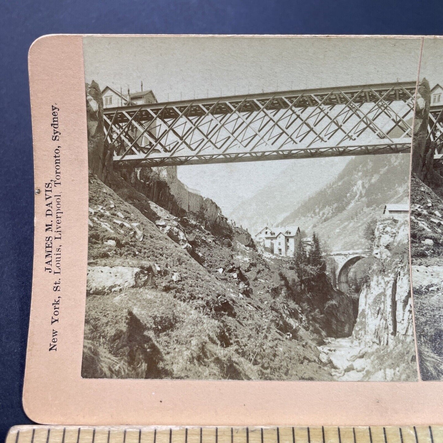 Antique 1885 Goschenen Railroad Bridge Switzerland Stereoview Photo Card P3806