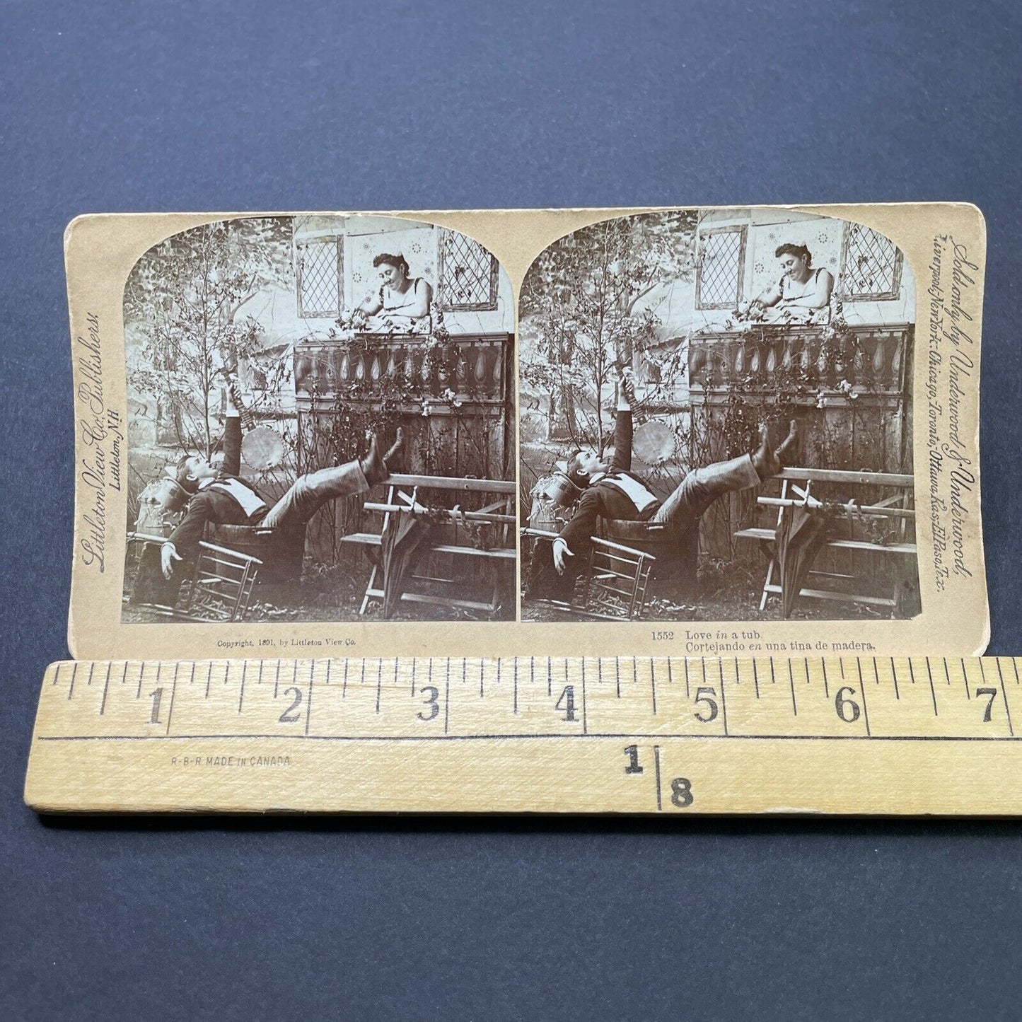 Antique 1891 Banjo Player Falls In Love At Window Stereoview Photo Card P2609