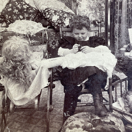 Antique 1898 A Girl And Her Porcelain Dolls Stereoview Photo Card P4302