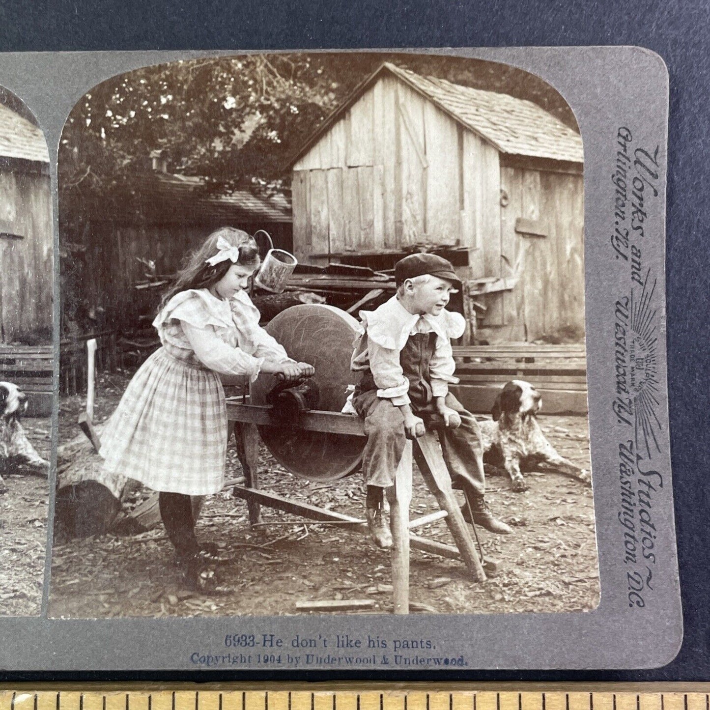 Boy Ruins his Pants on Grinding Wheel Stereoview Antique c1904 Y1352