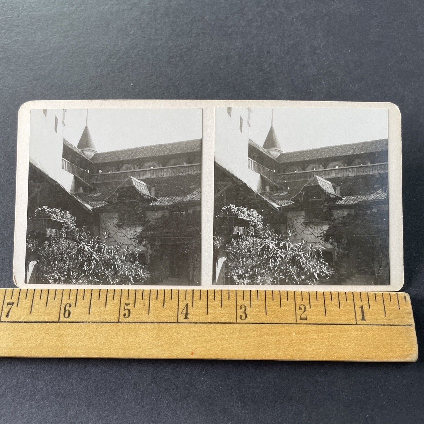 Antique 1925 Chillon Castle Courtyard Switzerlan OOAK Stereoview Photo Card 3268