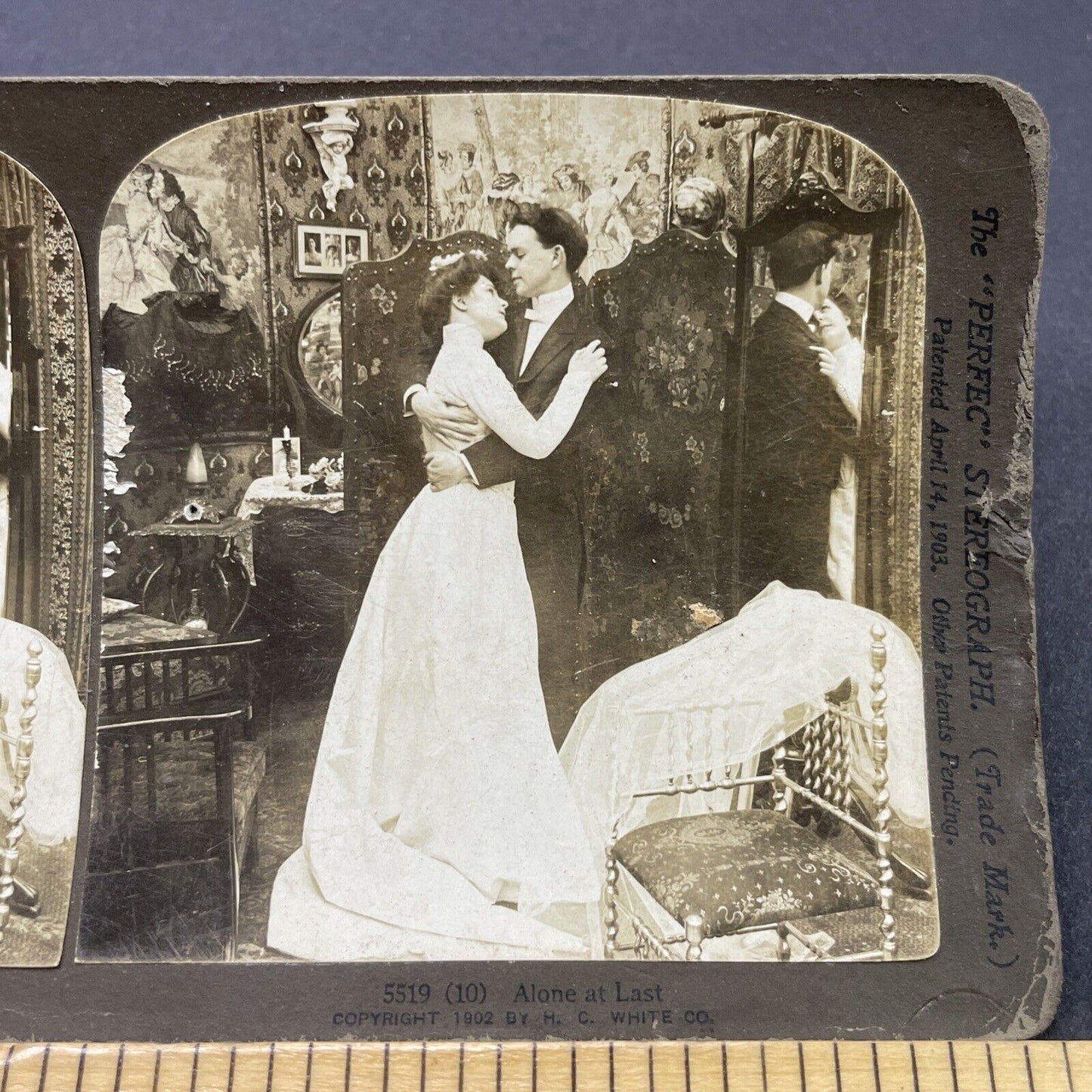 Antique 1902 Newlyweds Prepare To Consummate Stereoview Photo Card P2660