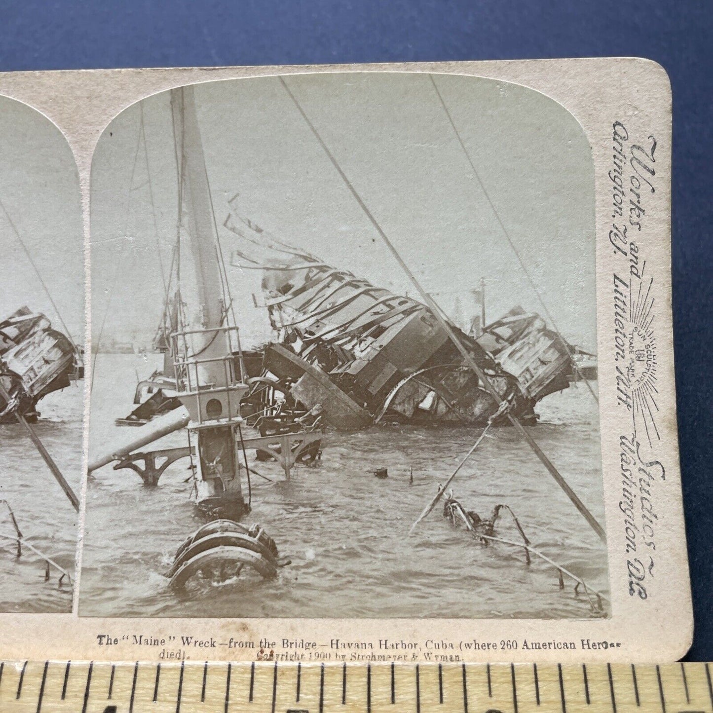 Antique 1899 Sinking Of USS Maine In Havana Cuba Stereoview Photo Card P2381