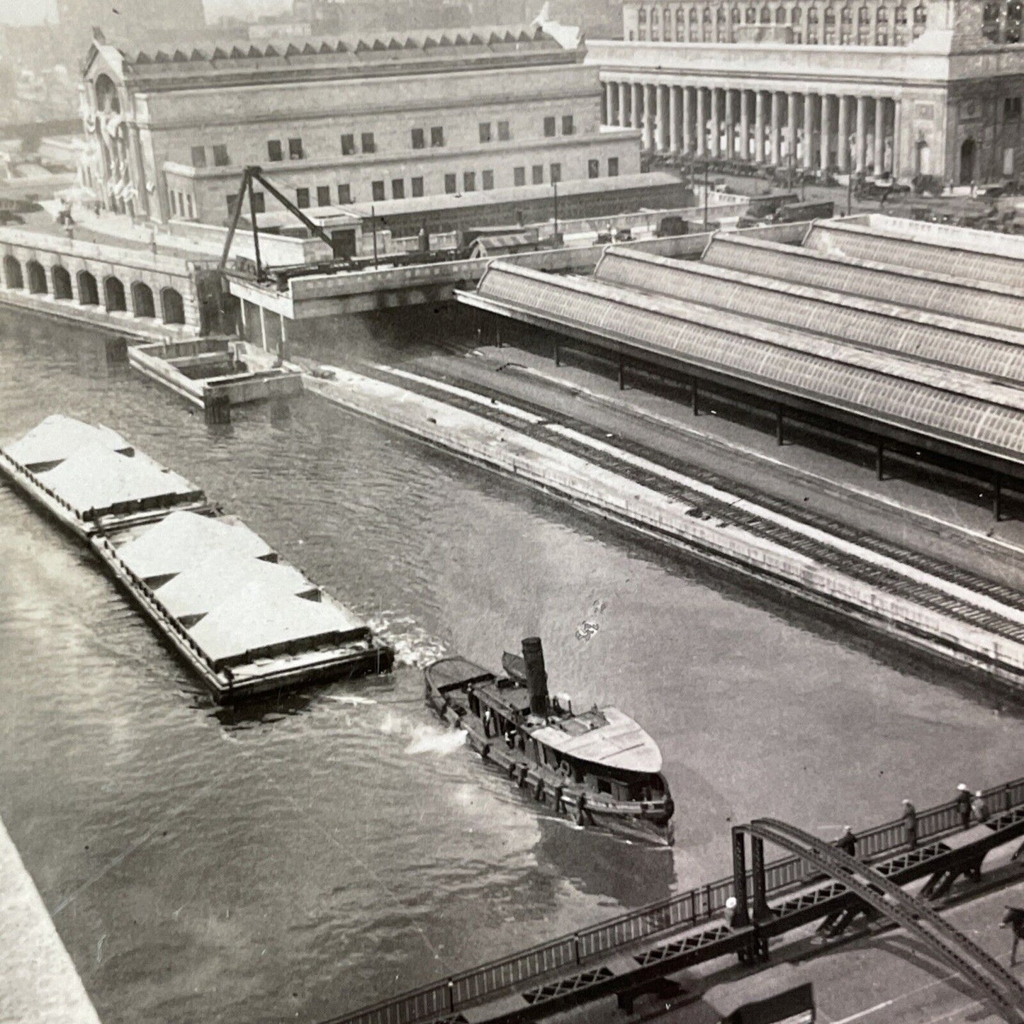 Tugboat Pulling a Barge Chicago Illinois Stereoview Antique c1909 Y1172