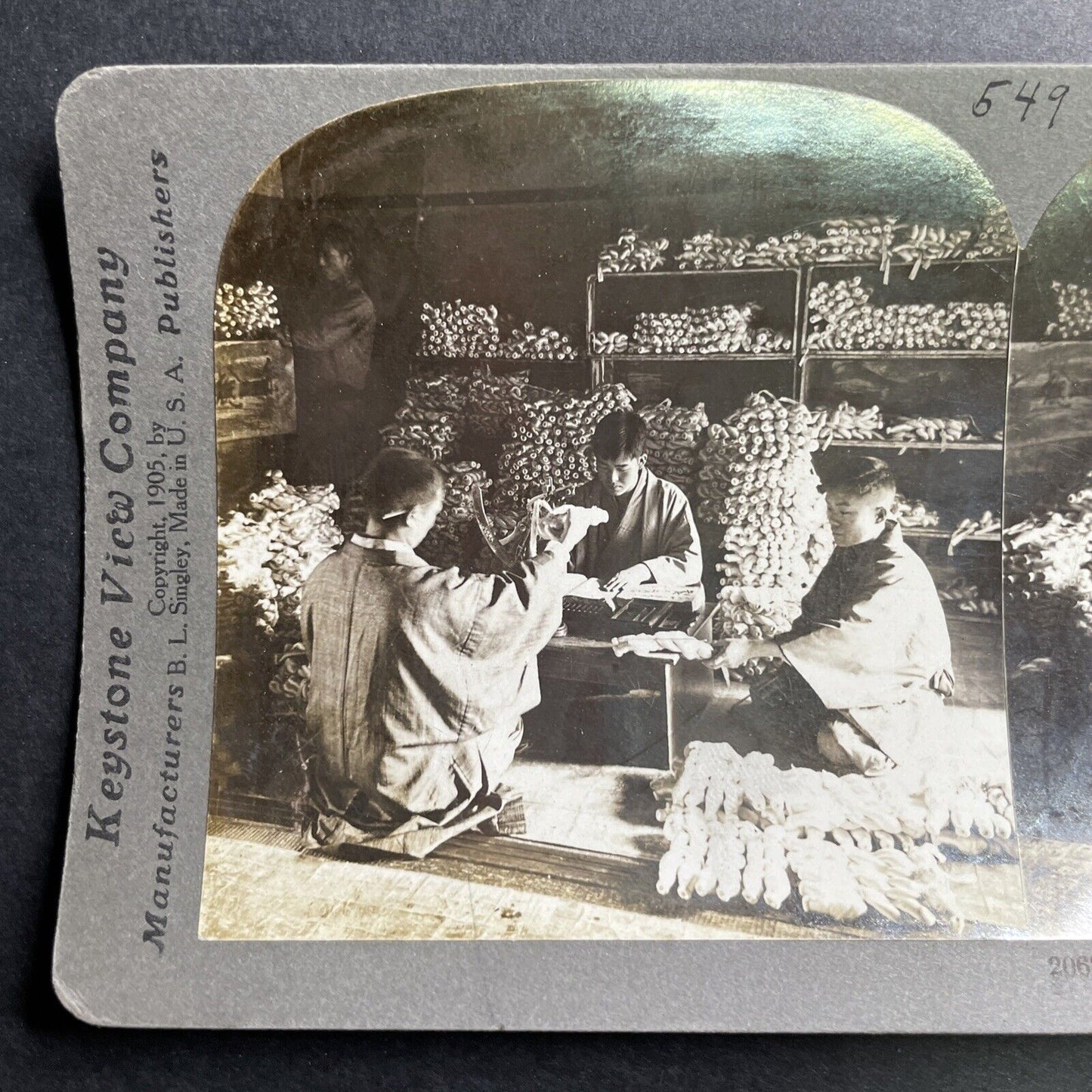 Antique 1905 Weighing Raw Silk Yokohama Japan Stereoview Photo Card P1537