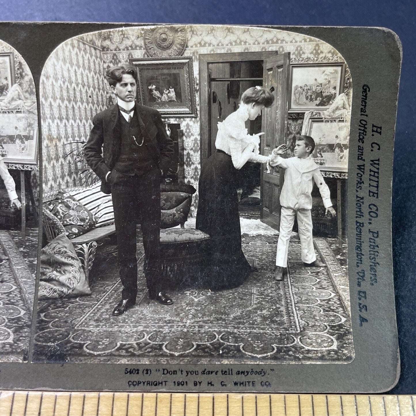 Antique 1901 Woman Warns Boy For Spying Stereoview Photo Card P2898