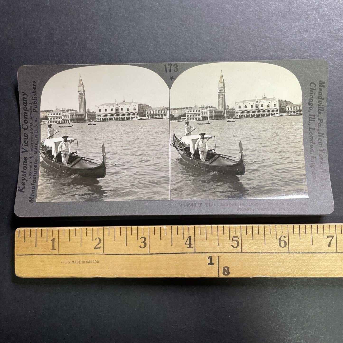 Antique 1909 Gondola In Venice Near Prison Italy Stereoview Photo Card P1417