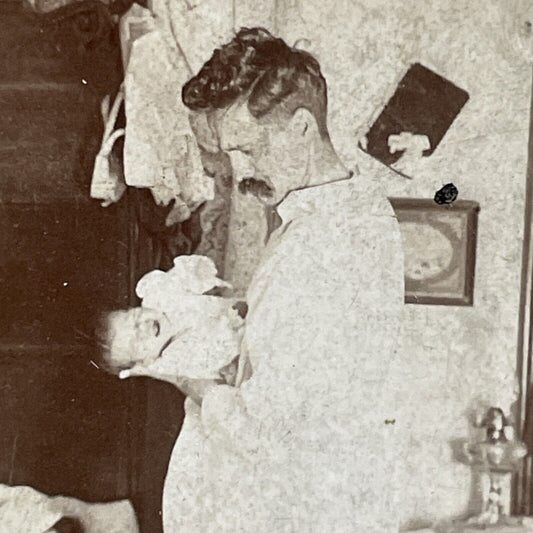 Antique 1896 Man Holds His Newborn Baby Stereoview Photo Card P4750