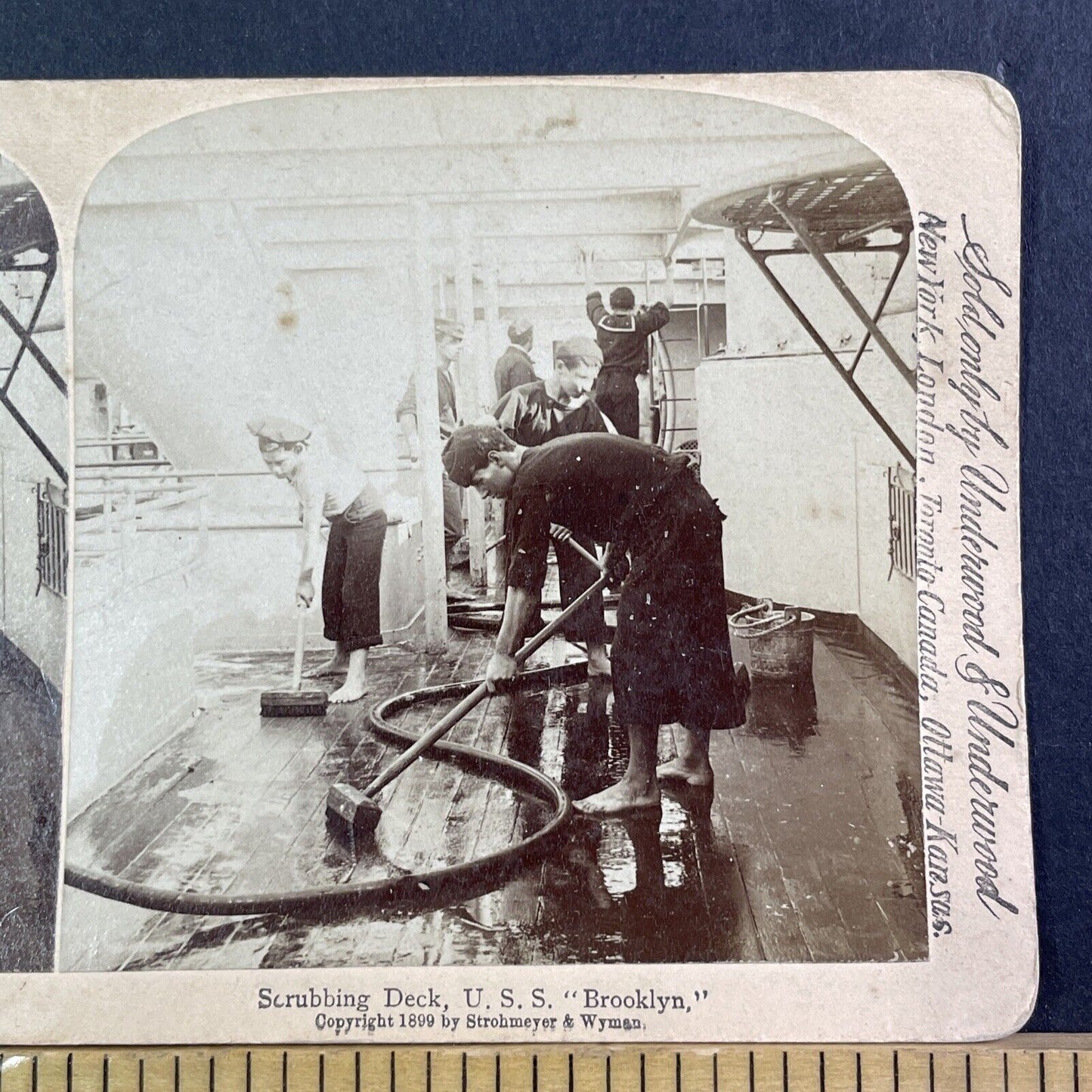 Teens Scrubbing The Deck Of USS Brooklyn Ship Stereoview Antique c1899 X3838