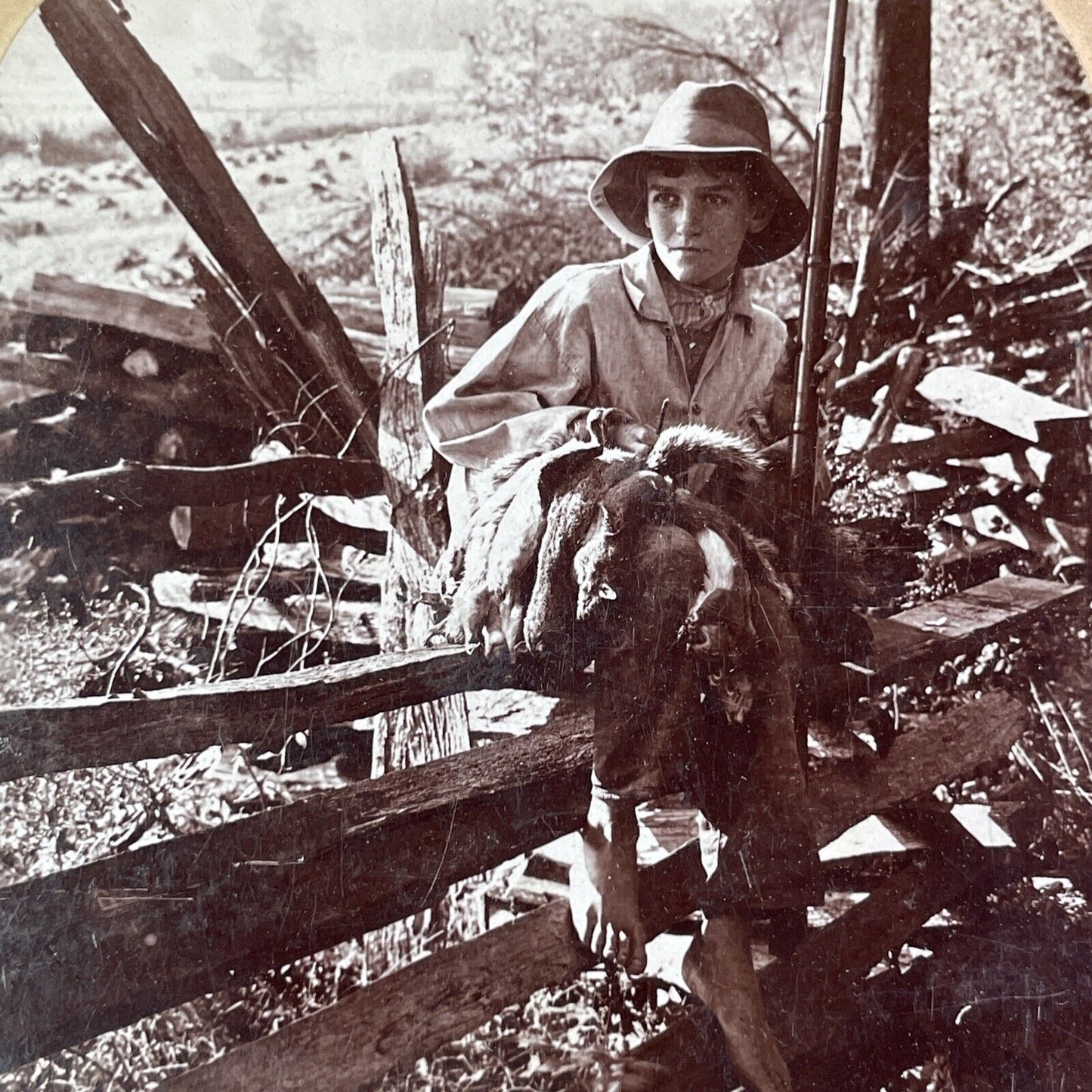 Farm Boy Hunts Squirrels For Dinner Stereoview B.L. Singley Antique c1903 Y1339