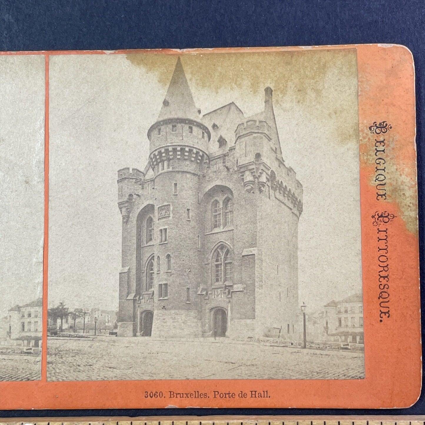 The Halle Gate Brussels Belgium Stereoview Orange Card Antique c1870s X2728