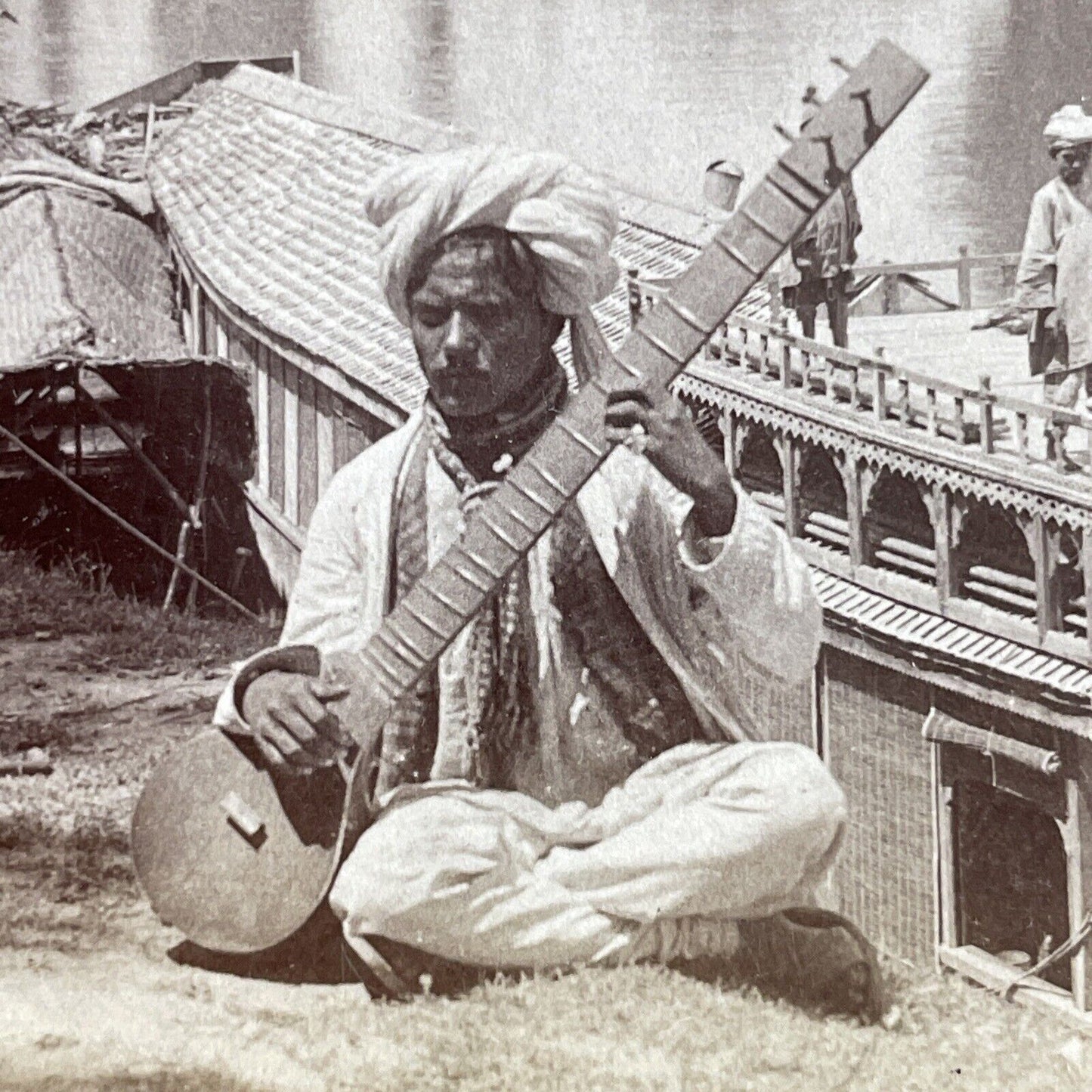 Antique 1903 Indian Musician Plays A Sitar Stereoview Photo Card P5652