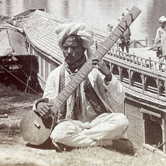 Antique 1903 Indian Musician Plays A Sitar Stereoview Photo Card P5652