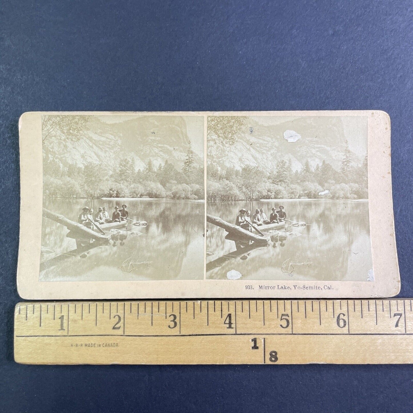 John P. Soule (Center) On Mirror Lake Yosemite Stereoview Antique c1870 X3875