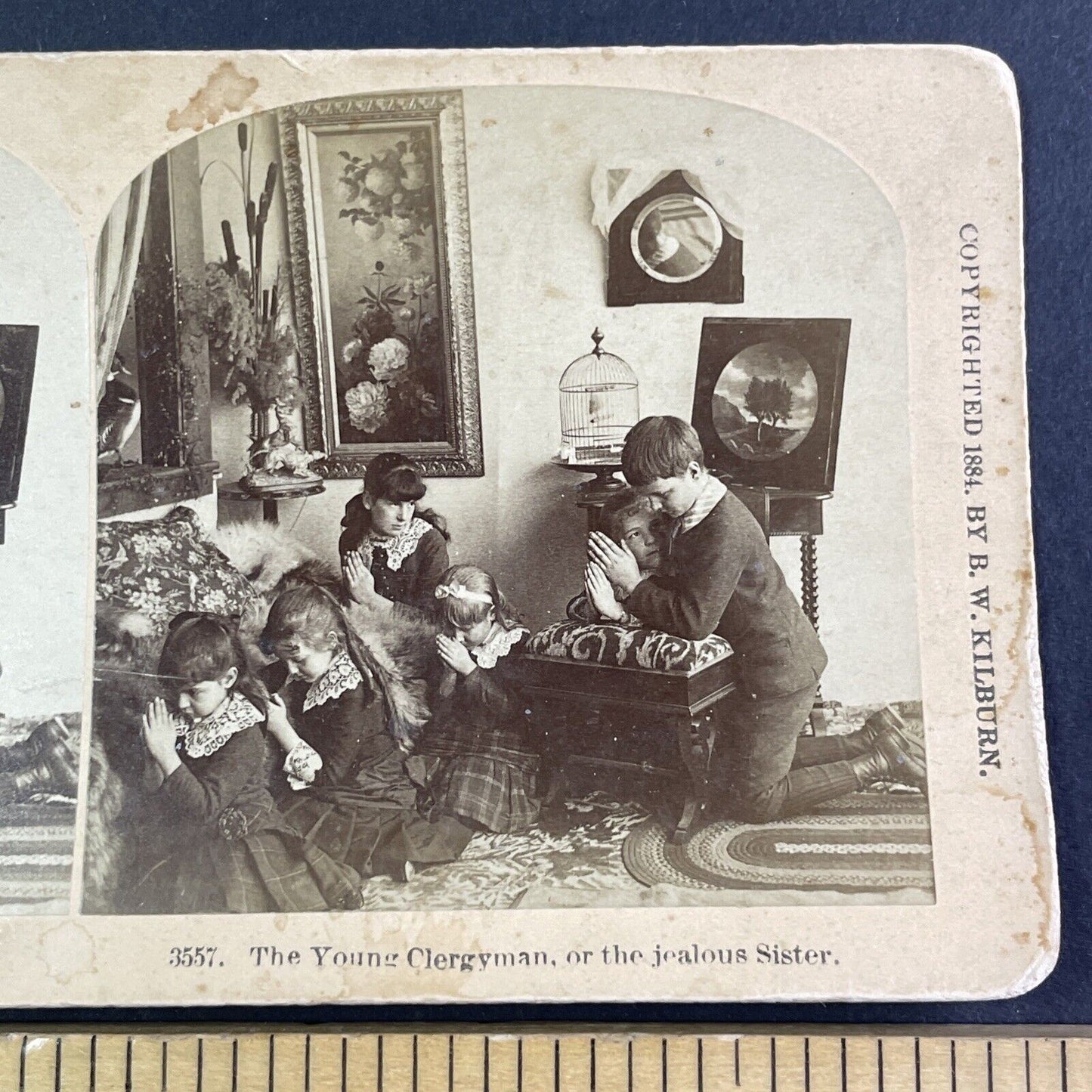 Children Performing Christian Prayer Stereoview BW Kilburn Antique c1884 X4099