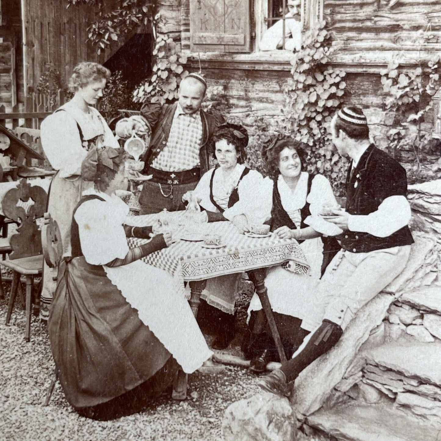 Antique 1897 Drinking & Courting Women Switzerland Stereoview Photo Card PC818