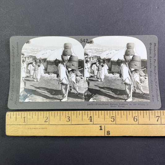 Men Selling Pottery Stereoview Seoul South Korea Antique c1899 Y154