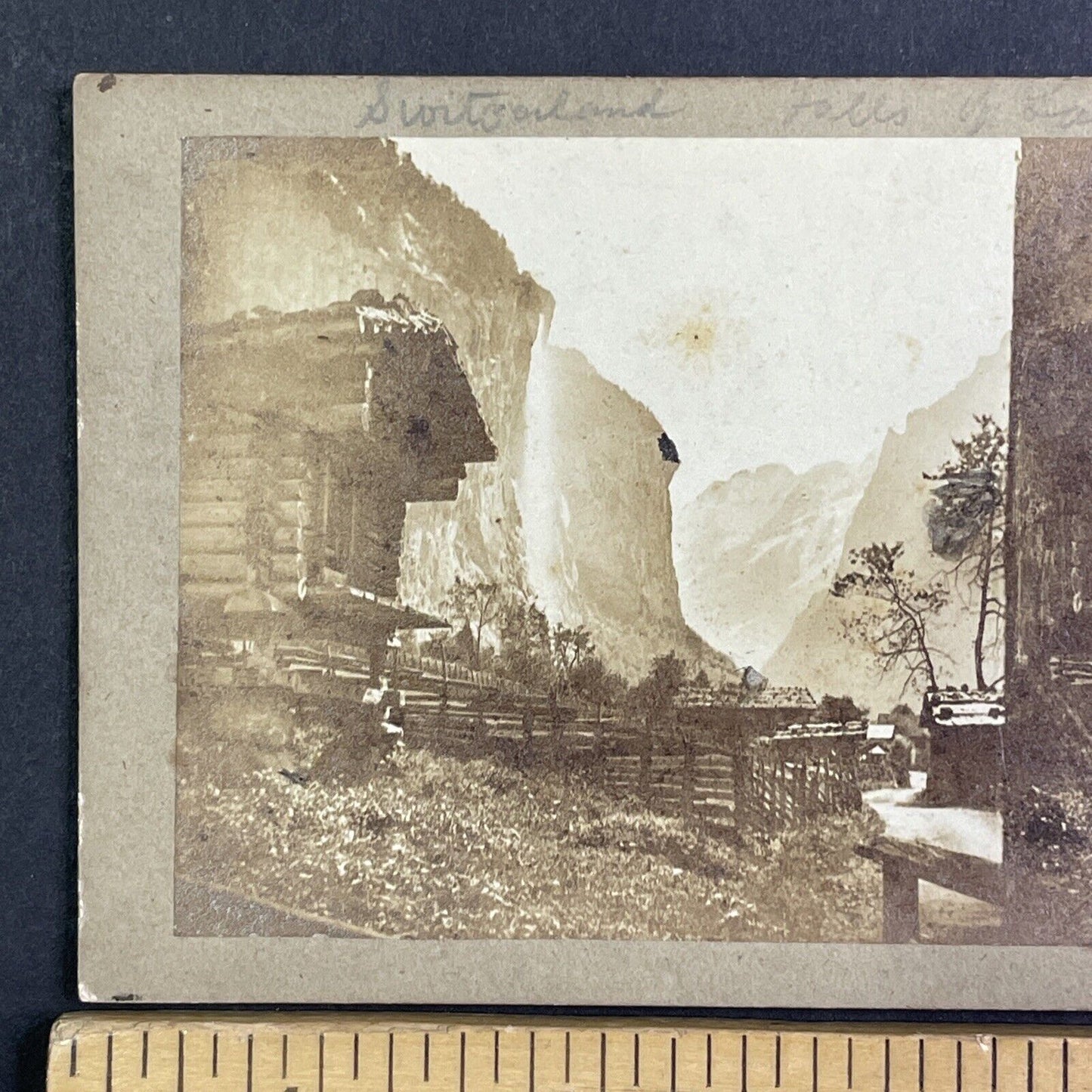 Village of Lauterbrunnen Switzerland Staubbach Falls Stereoview c1855 Y1120