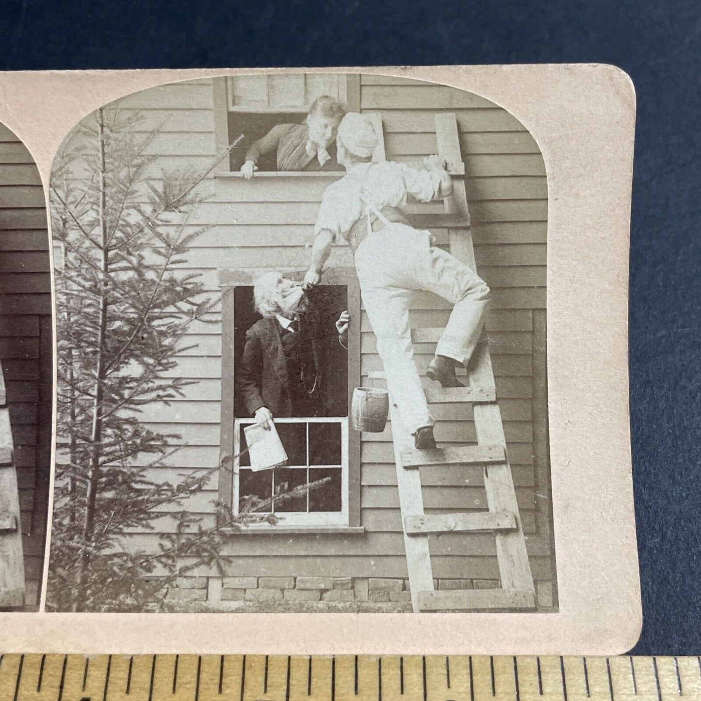 Antique 1870s Painter Paints Old Mans Face On Ladder Stereoview Photo Card P4060
