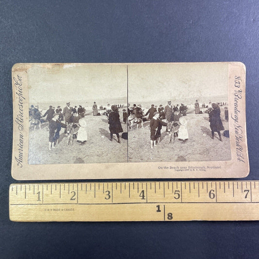 Beach Scene with Donkey Stereoview Edinburgh Scotland Antique c1897 Y960