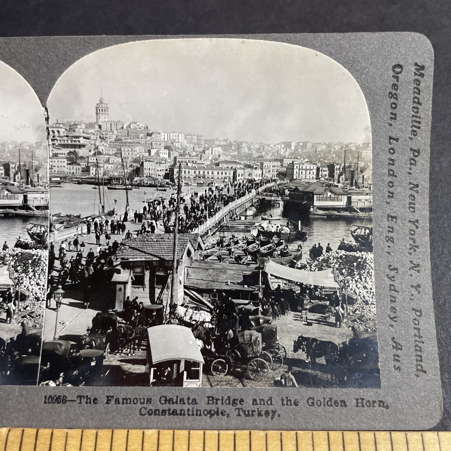 Antique 1909 Galata Bridge Istanbul Turkey Stereoview Photo Card P4253