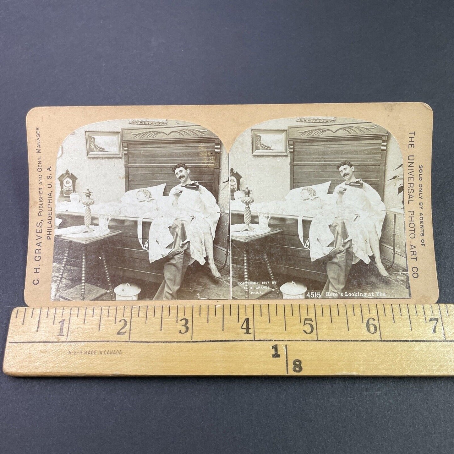 Antique 1897 Man Gets Drunk While Wife Sleeps Stereoview Photo Card P3346