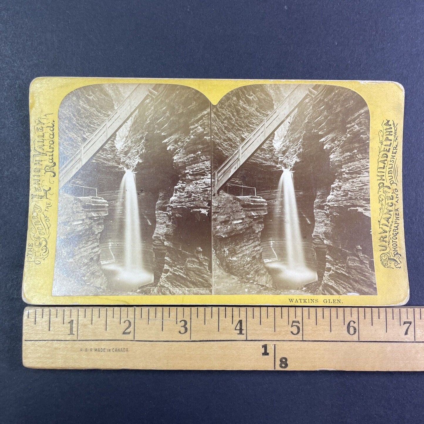 Lehigh Valley Railroad Stereoview Cavern Falls Watkins Glen Antique c1870s Y2167