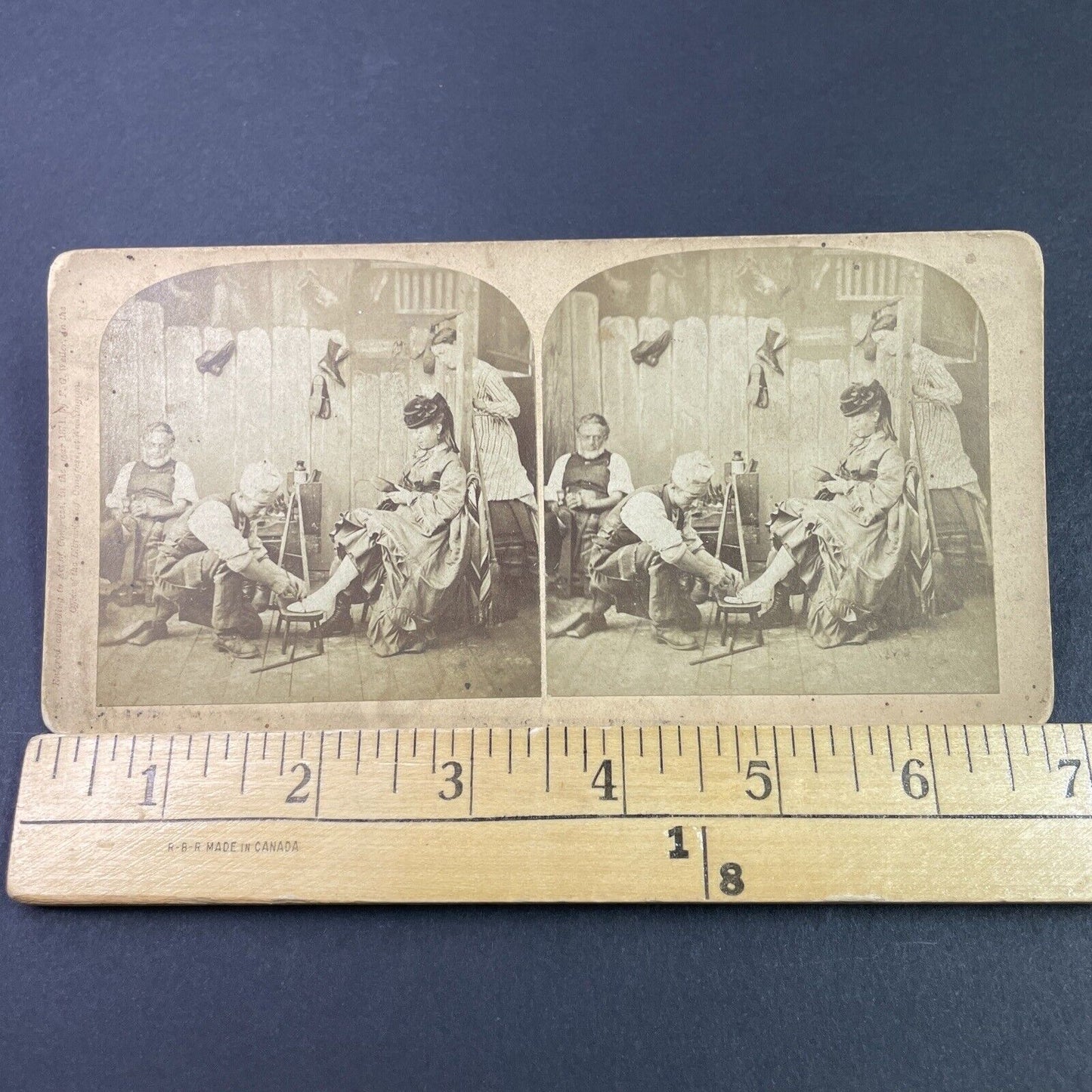 Antique 1871 Shoemaker Measures Womans Foot For Shoe Stereoview Photo Card P3342