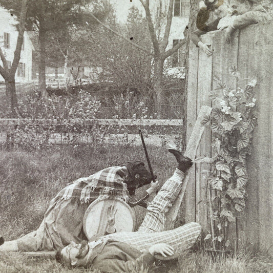 Antique 1891 Man & Woman Fall From Fence Stereoview Photo Card P4084