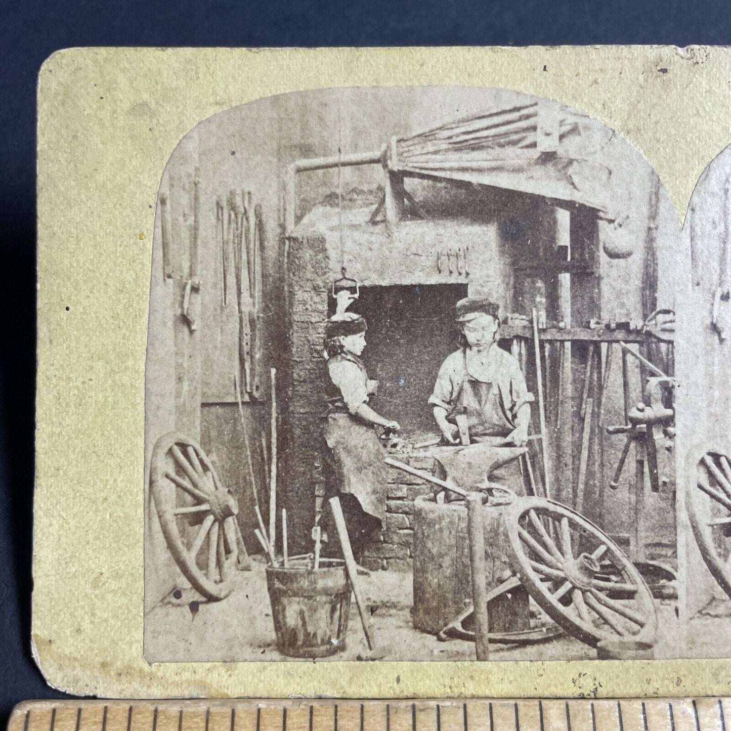 Antique 1860s Young Boys Working As Blacksmiths Stereoview Photo Card P4074