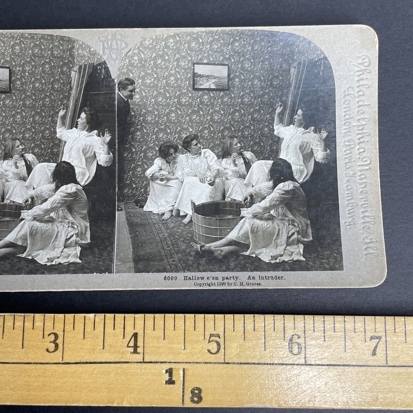 Antique 1899 Man Spying On Women Changing Stereoview Photo Card PC809