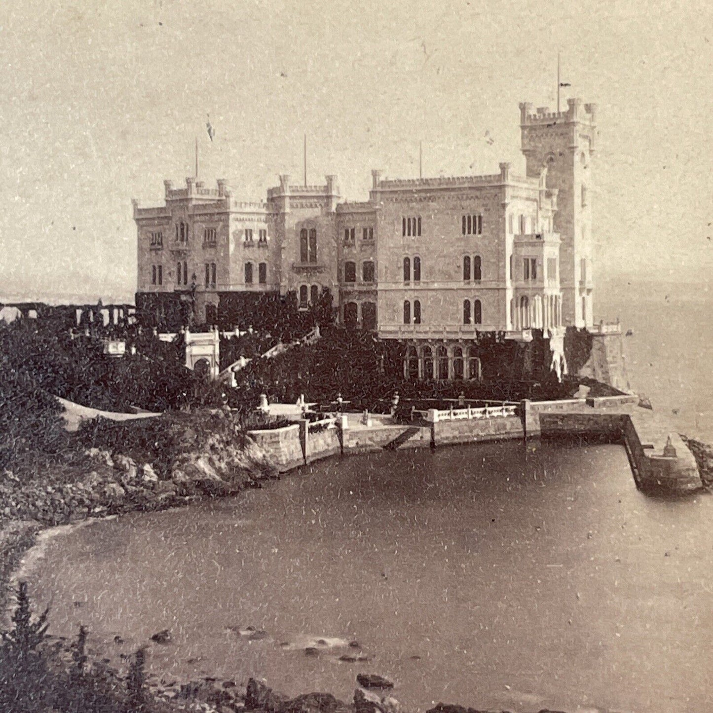 Miramare Castle Trieste Italy Stereoview Giuseppe Malovich Antique c1863 X2556